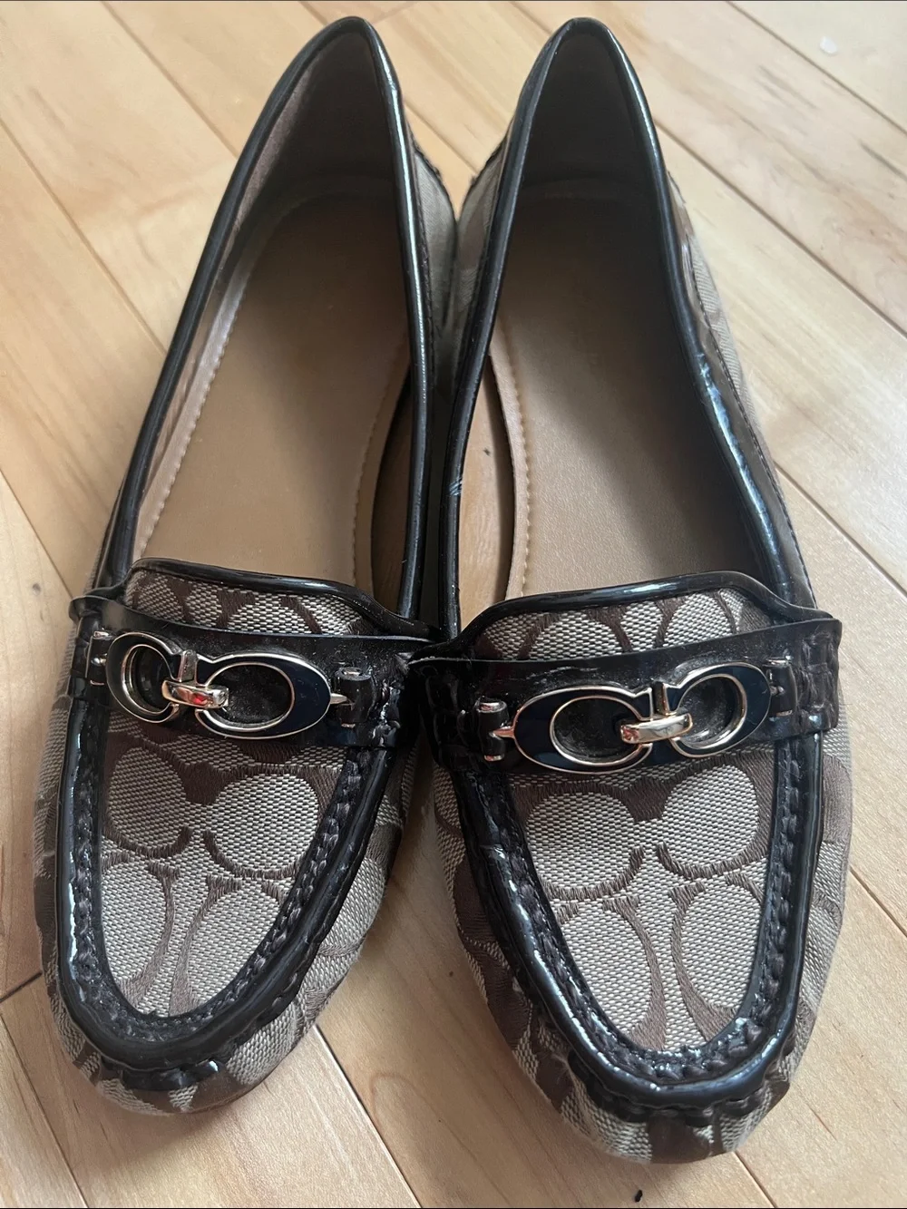 Coach Beige and Brown Signature Canvas Loafers with Gold Hardware